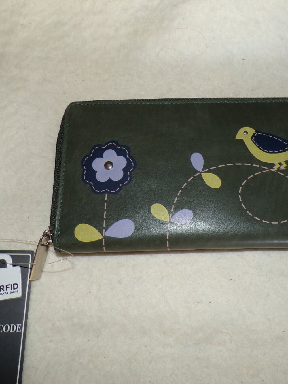 100% Genuine Leather RFID Protected Applique Wallet Green Color Floral Pattern